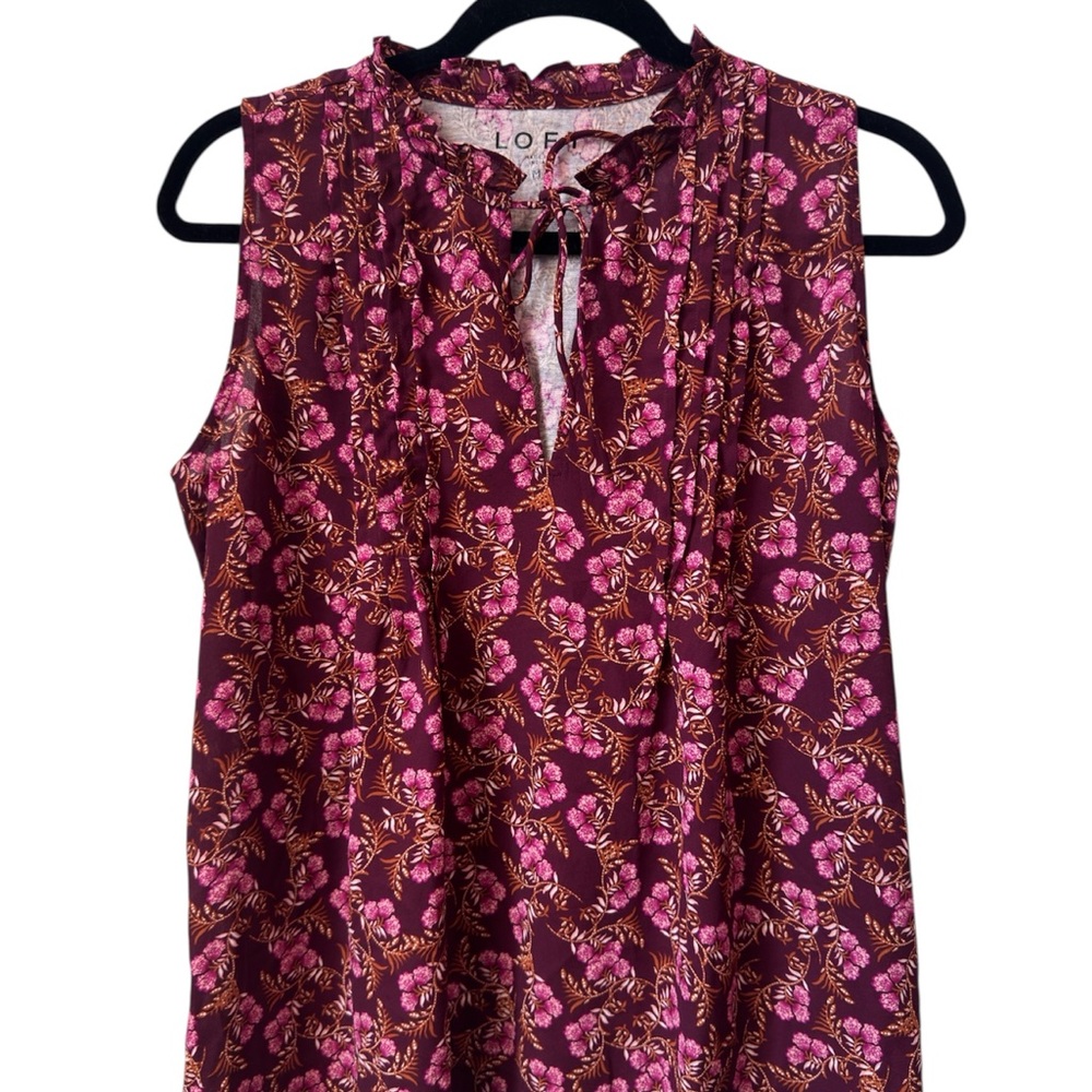 LOFT Garden Sleeveless Ruffle Tie Neck Mixed Media Blouse (NWT) Burgundy M